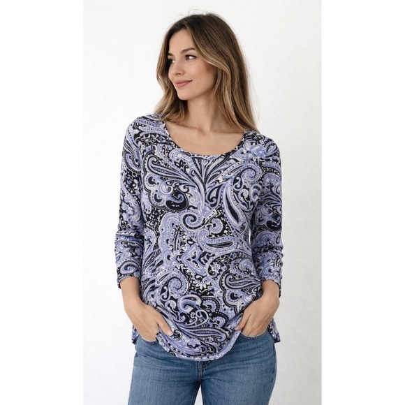 Carmen Marc Valvo Tops - Travel Cruise Womens Blue Paisley 3/4 Sleeve Scoop Neck Top Size M no wrinkles